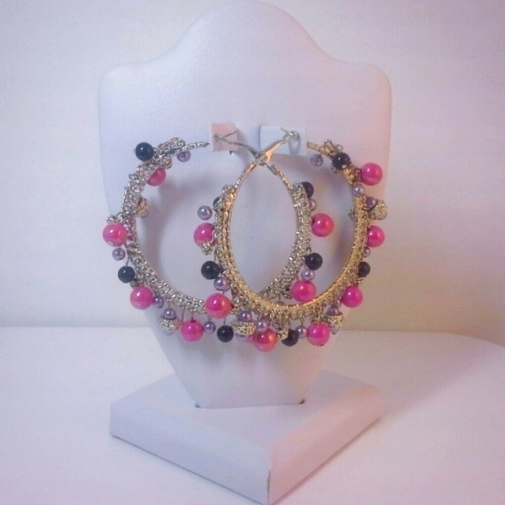 Pink and Black Hoop Earrings